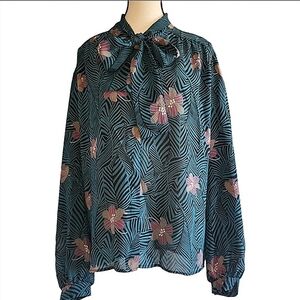 Vintage 70s Oraré Floral Print Secretary Blouse w Tie Neck Teal and Pink Size 40